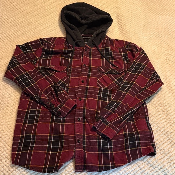 Plaid Hooded Flannel in Red and Black - Picture 1 of 10